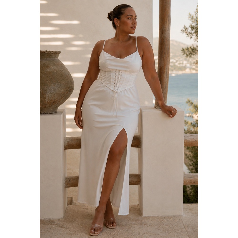 MESHKI‎ White Cowl Neck Lace Up Corset Midi Dress Side Slit  Large